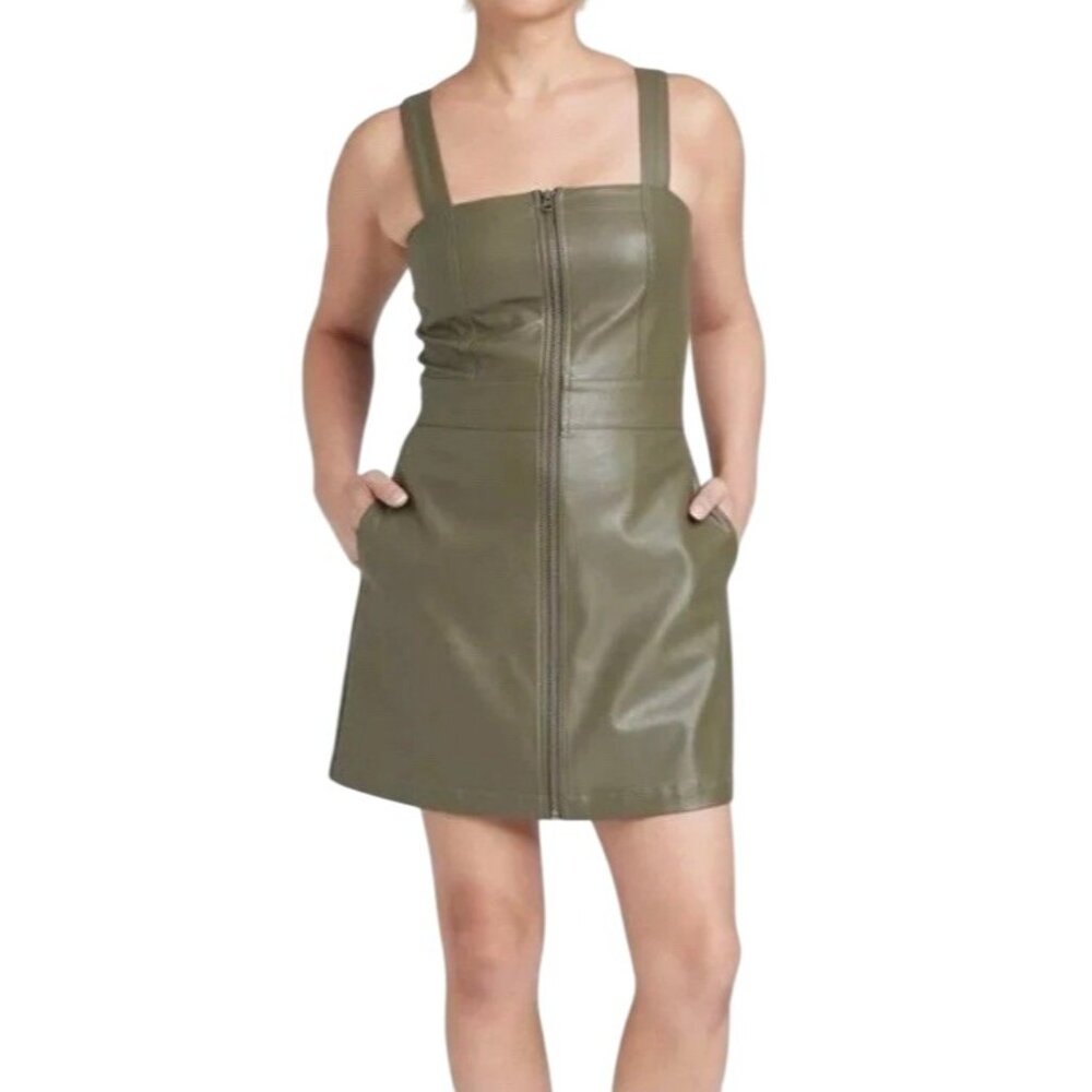 Wild Fable Green Faux Leather Mini Dress XXS Sleeveless, Straps & Front Zipper